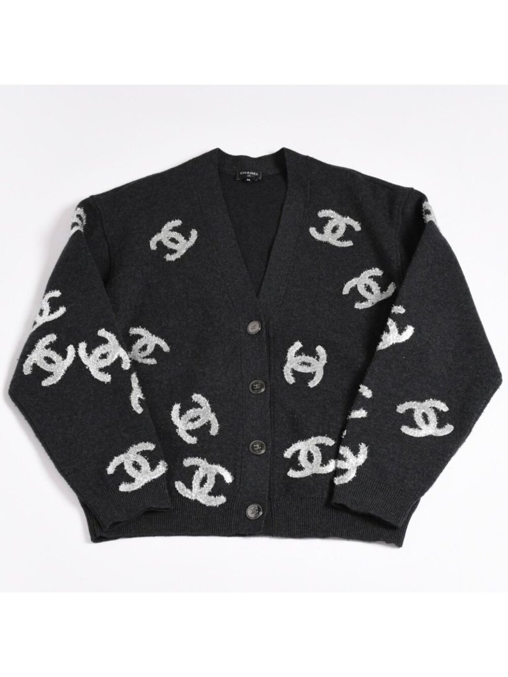 Chanel Cashmere Knit Cardigan CC Logo Glitter Charcoal 38